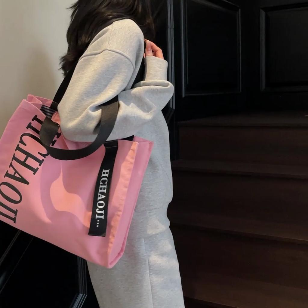 Letter Print Canvas Shoulder Bag Women's Travel Large Capacity Tote Bag Student Class Commuter Bag