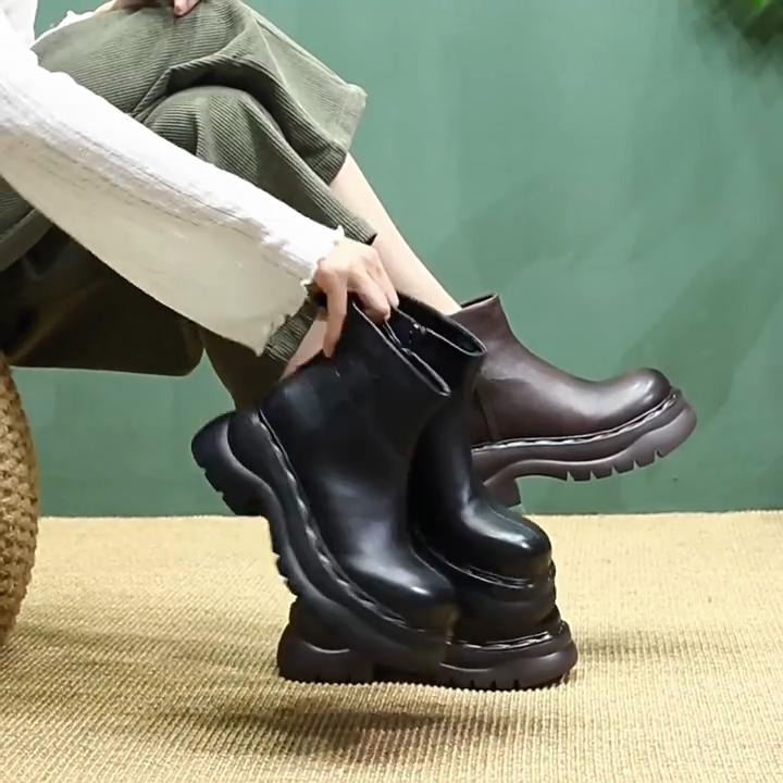 Johnature Genuine Leather Thick Soled Ankle Boots Retro Round Toe Thick Heeled Women's Short Boots