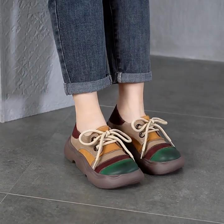 Johnature Genuine Leather Lace-up Thick Soled Shoes Retro Mixed Colors Round Toe Women's Flat Shoes