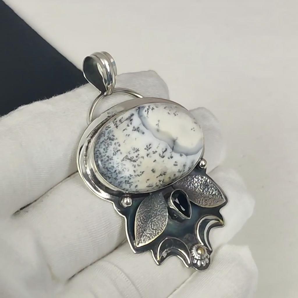 Natürlicher Dandarte Opal, Schwarzer Spinell Edelstein Silberanhänger in 925 Sterling Silber - Handgefertigtes Design, Alltagsschmuck, Einzigartige Anhängergeschenke