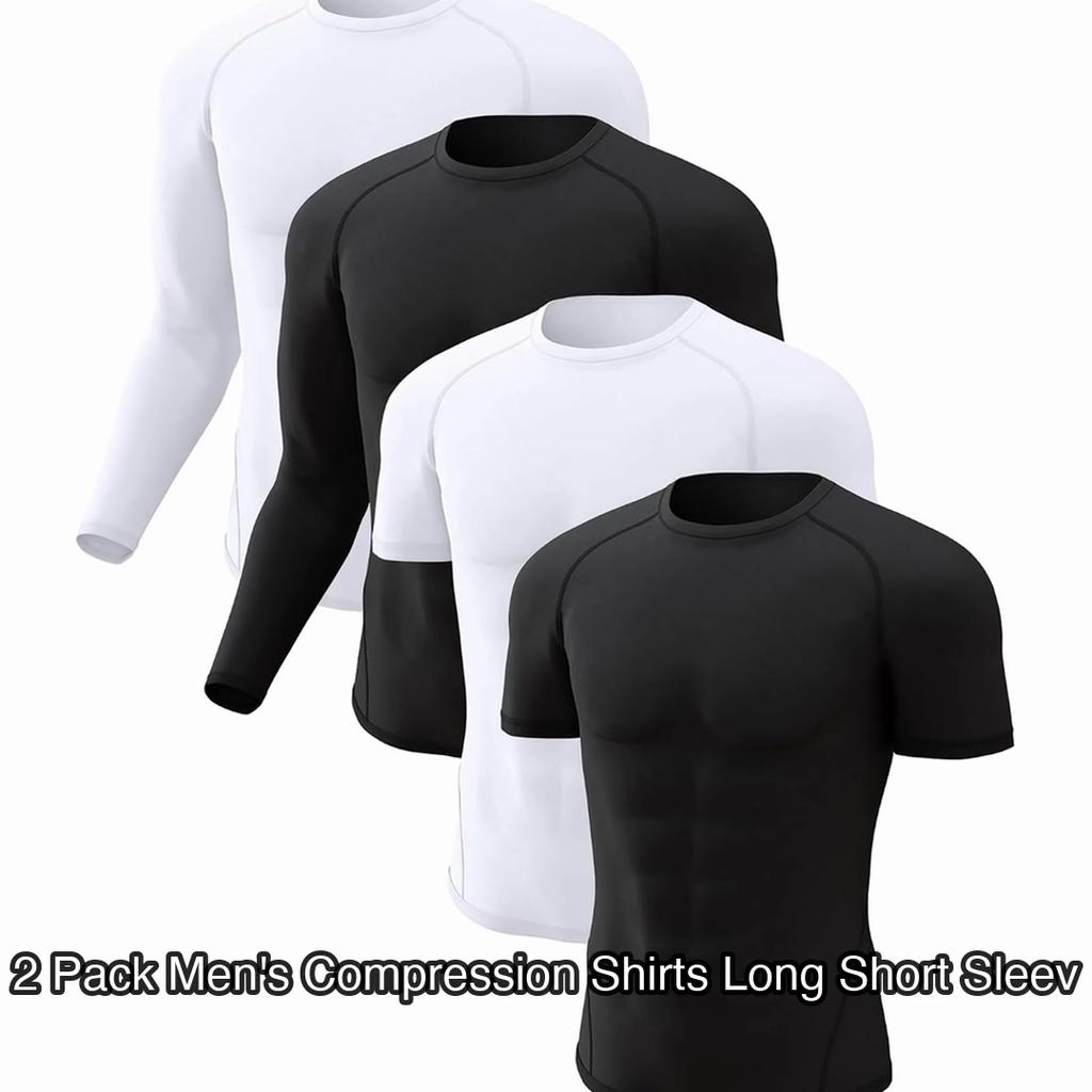 Paquete de 2 Camisetas de Compresión para Hombre Manga Larga Corta Rash Guard Top para Entrenamiento, Negro