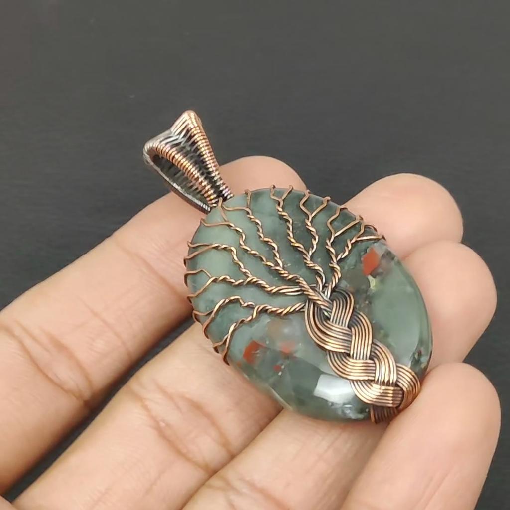 Tree Of Life Bloodstone Gemstone Pure Copper Wire Wrap Handmade Jewelry Pendant