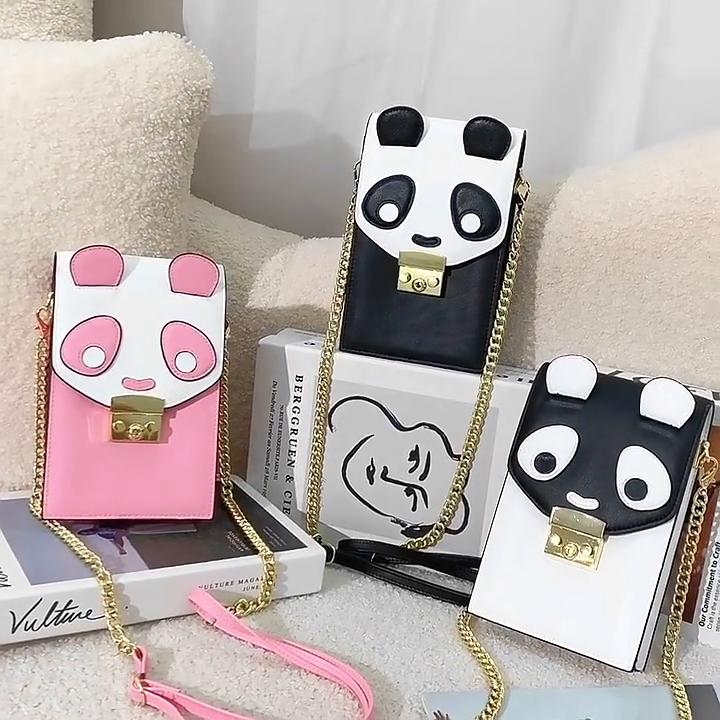2024 Mini Chains Shoulder Bag Genuine Leather Small Women Crossbody Bags Two-tone Cartoon Panda Cowhide Handbag Lock Phone Purse