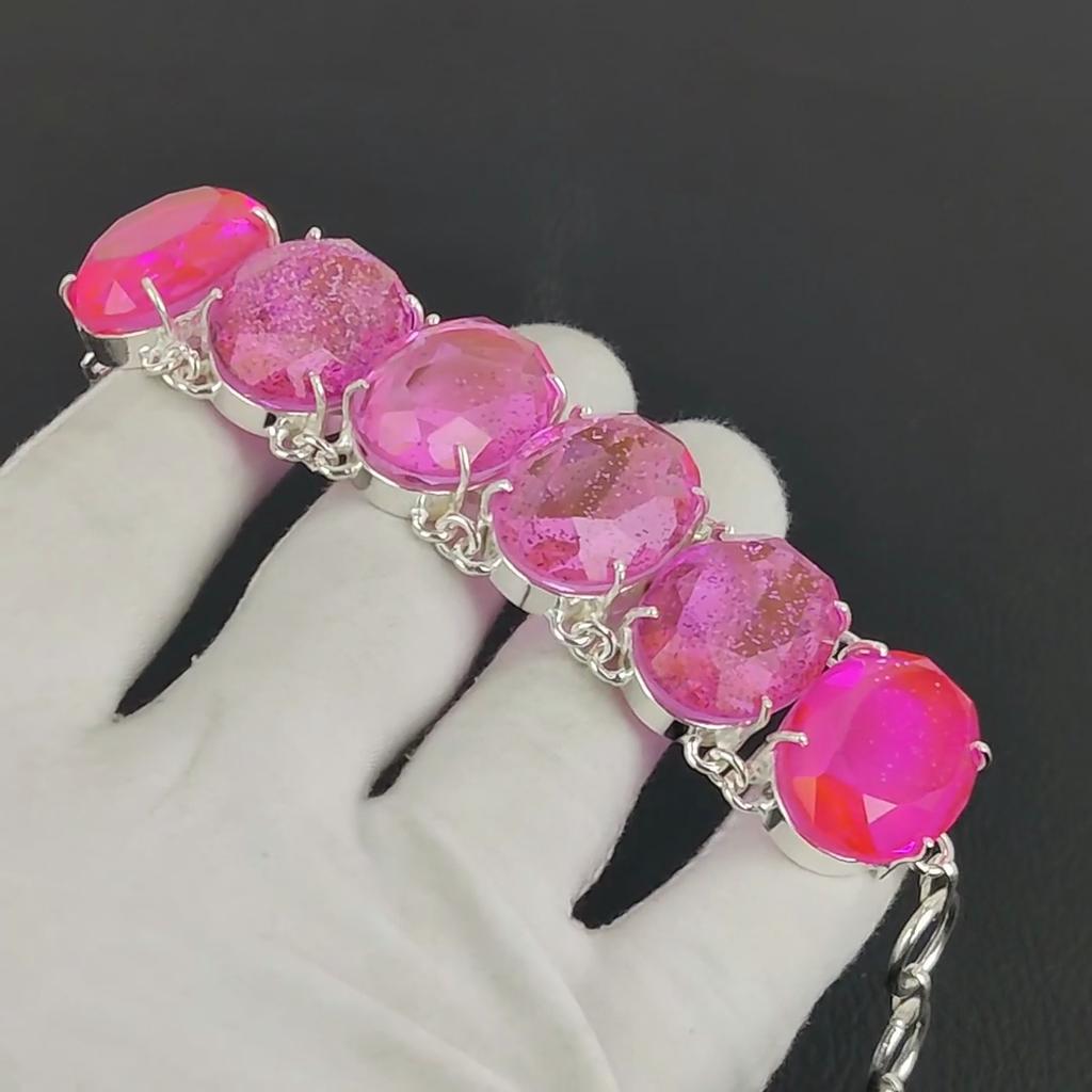 Pink Triplet Opal Gemstone Handmade 925 Sterling Silver Bracelet, Pink Triplet Opal Bracelet For Wife , Unisex Bracelet Valentine Day Gift