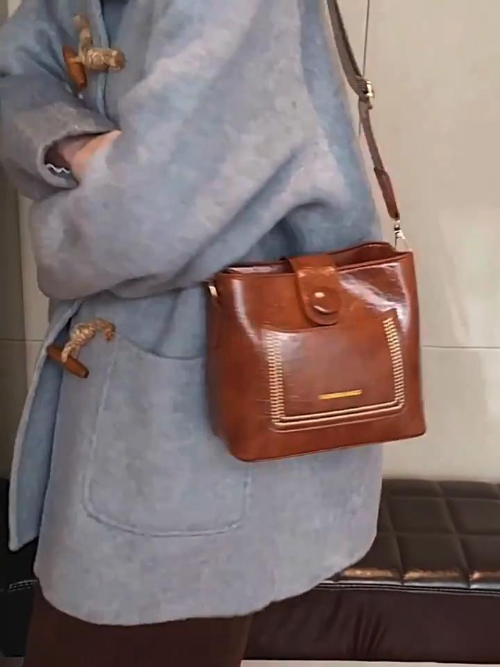 Vintage Simple PU Leather Bucket Crossbody Bags for Women Luxury Designer Handbag Lady Wide Strap Shoulder Bag