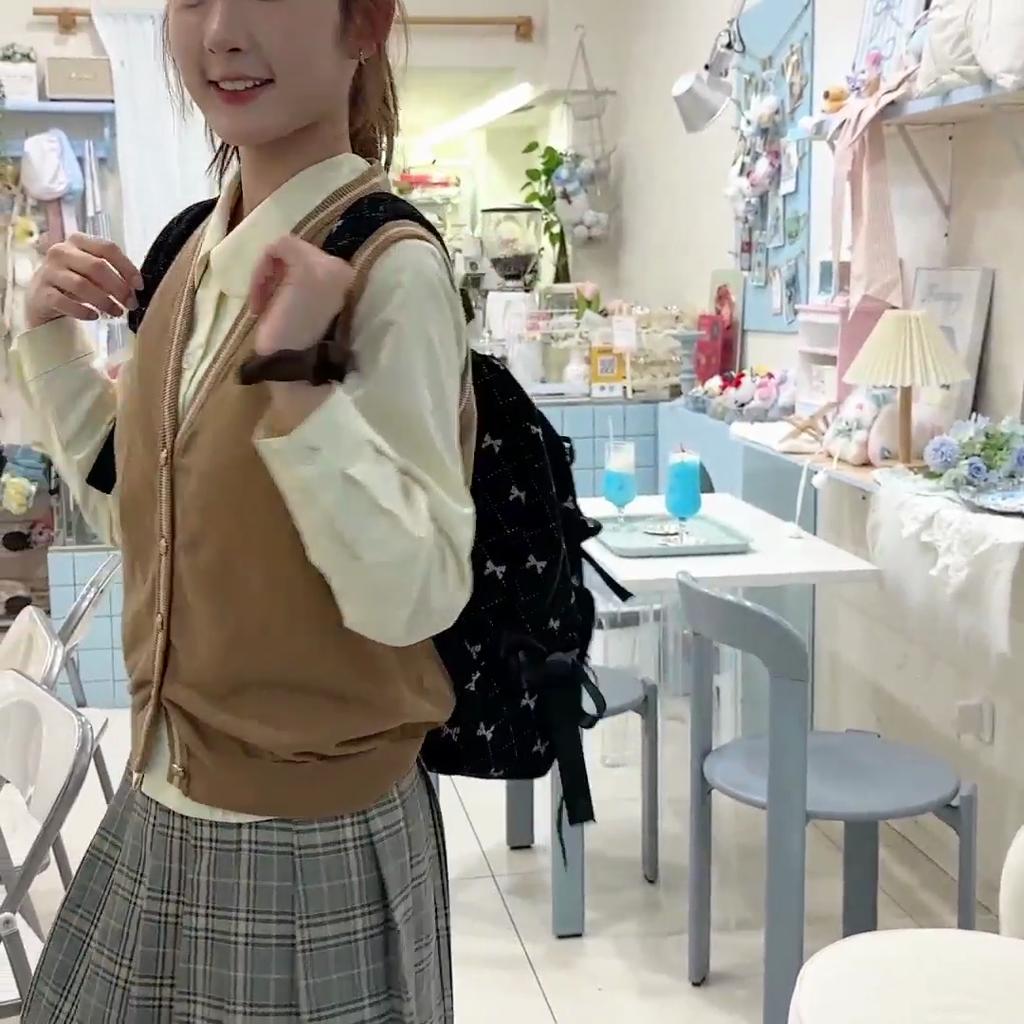 Corduroy Backpack Large Capacity Bow Print Backpack Student Schoolbag