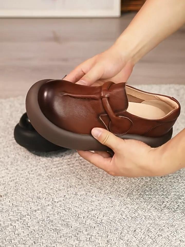 Johnature Genuine Leather Thick Soled Women's Shoes Round Toe Lightweight Retro Flat Platform Shoes