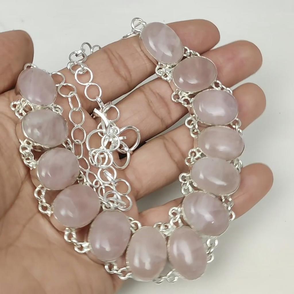 Naturlig Rosenkvarts Ädelsten Handgjord 925 Sterling Silver Elektroform Halsband, Rosenkvarts Silver För Hustru Unisex Hänge Födelsedagspresenter