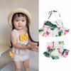 Charming 2pcs Girls Ruffle Floral Bikinis Set Featuring Adorable Flamingo Design