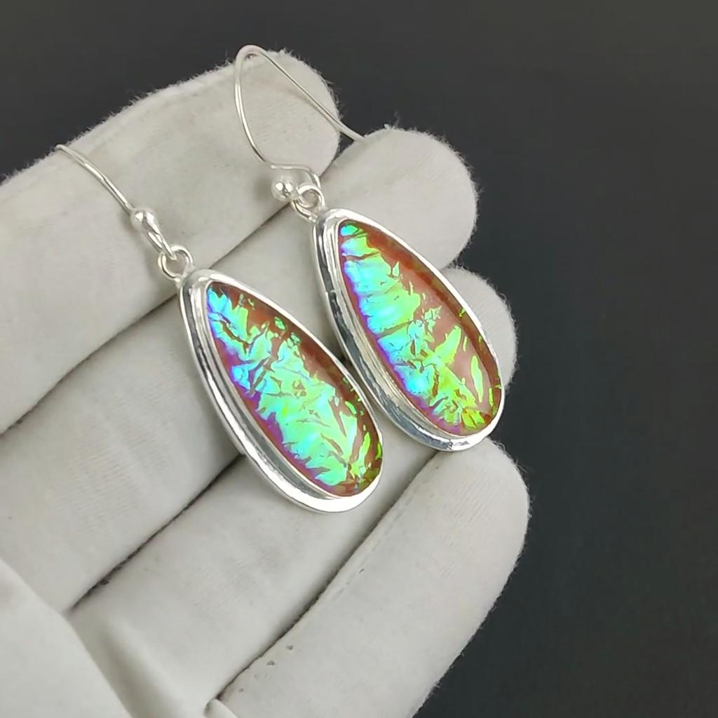 Wunderschöner rosa Triplett Feueropal Edelstein 925 Sterlingsilber Ohrring, Handgefertigter Boho Silber Schmuck Hängeohrringe, Verlobungsgeschenk