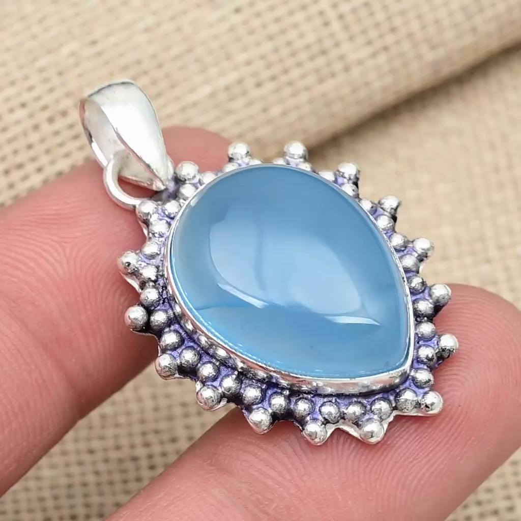 Blue Chalcedony Gemstone 925 Solid Sterling Silver Handmade Jewelry Pendant For Thanksgiving Gift