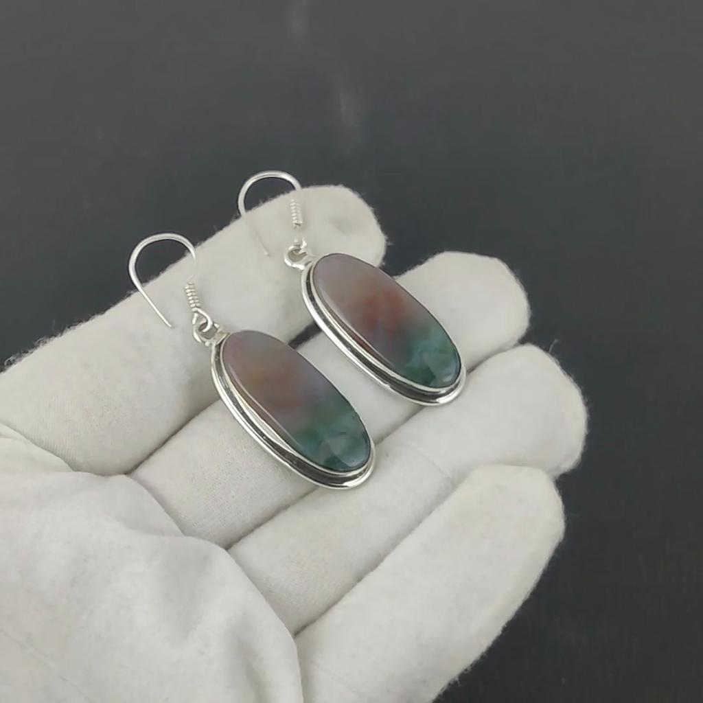 Natural Indian Moss Agate Gemstone Antique Earrings 925 Sterling Silver Earring, Boho Silver Jewelry Dangle Earrings, Party Wear Gifts