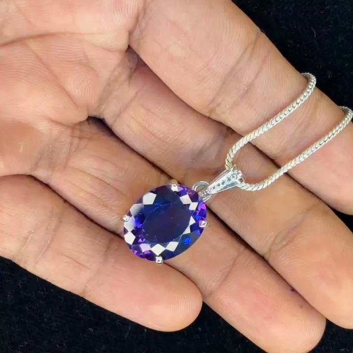 925 Sterling Silver Purple Sapphire 27.15 Ct Natural Oval Pendant CERTIFIED Gems