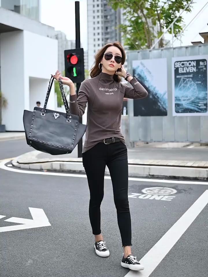 Autumn Winter Long Sleeve Tee Shirt  Za Women Slim Casual Basic T-Shirt Ladies Embroidery Letter Warm Shirts Female