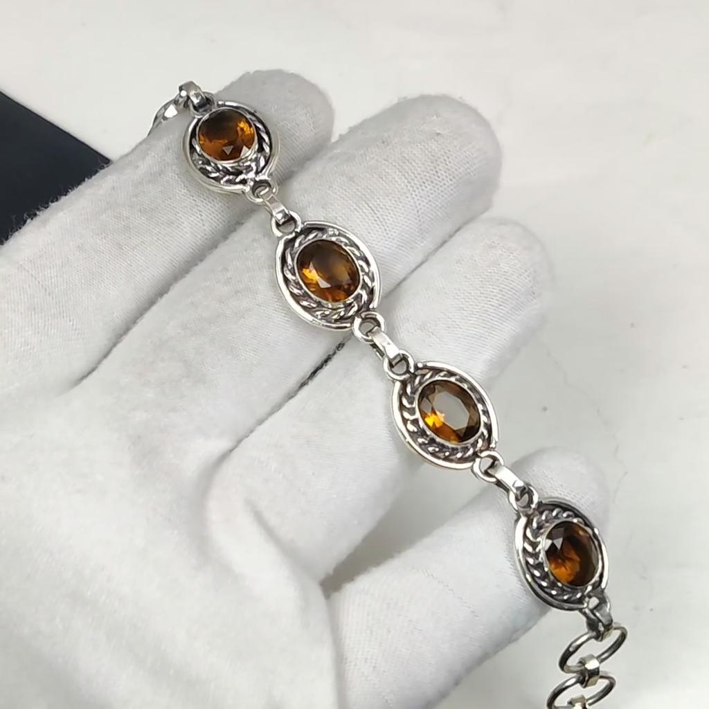 Bracelet en Argent Sterling 925 Fait Main avec Pierre Précieuse Topaze Miel Naturel, Bracelet Topaze Miel Pour Femme, Bracelet Unisexe, Cadeau d'Anniversaire Pour Hommes