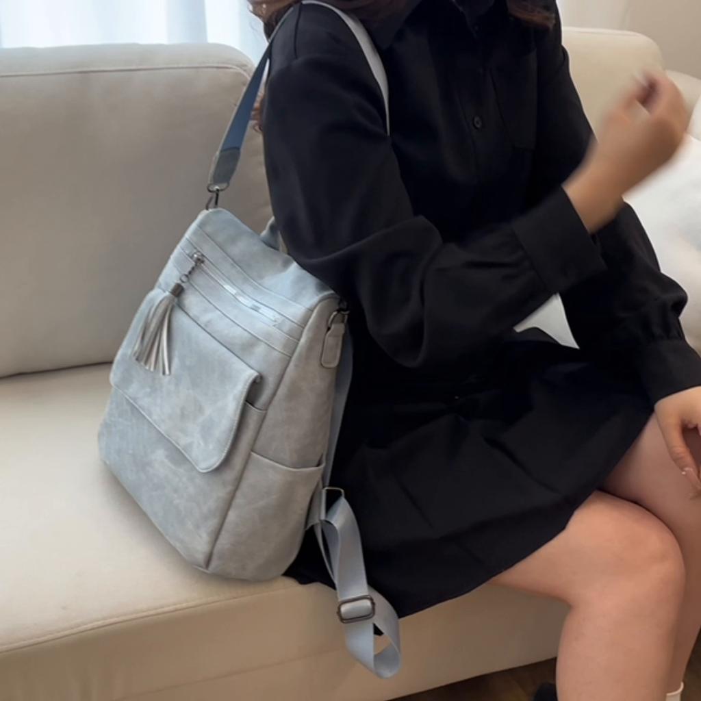 Women's Soft Leather Backpack Large Capacity Student Commuter Schoolbag Tassel Travel Backpack