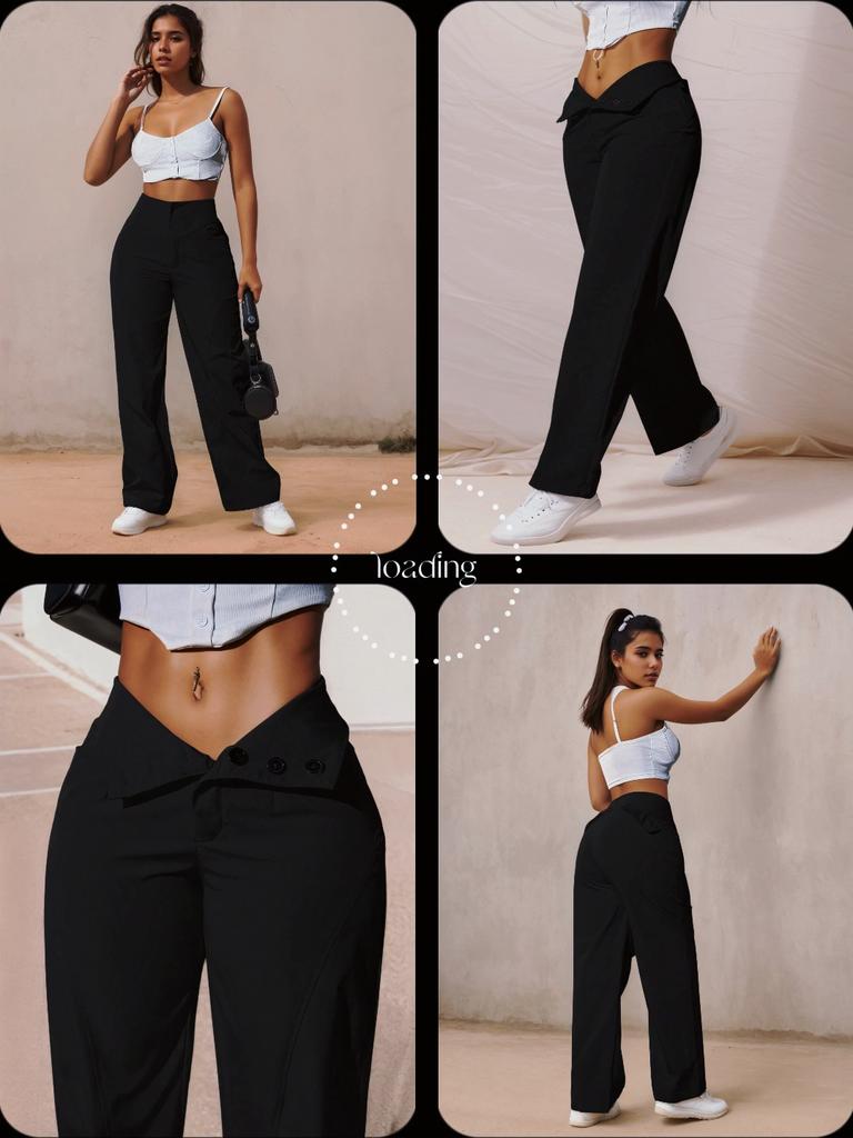 Rose Beauty A Women's Casual, Fashionable, Simple Solid-Colored Straight-Leg Pants Stretch Wide Legs Multiple Buttons a Row Trousers