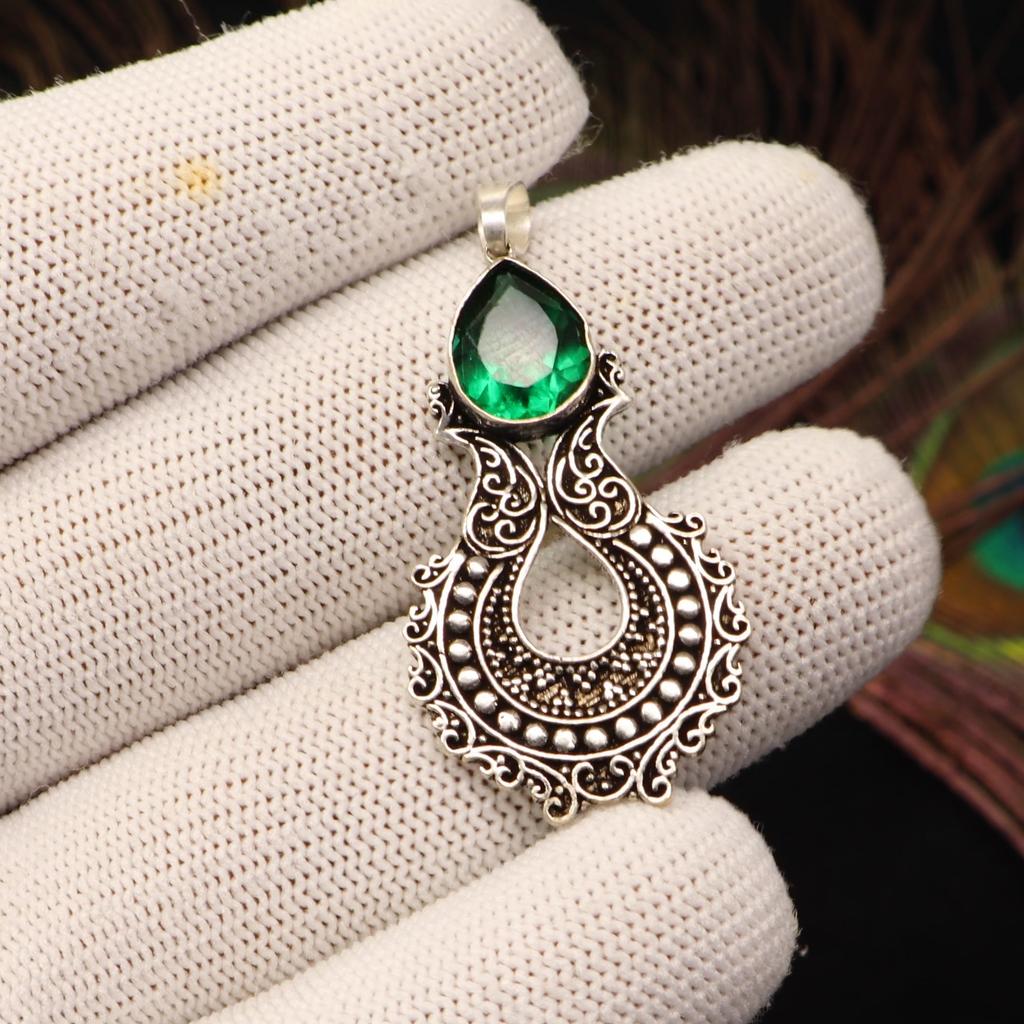 Chrome Diopside Gemstone Silver Pendant 1.8" For Birthday Gift 925 Sterling Silver Jewelry CP-45-3