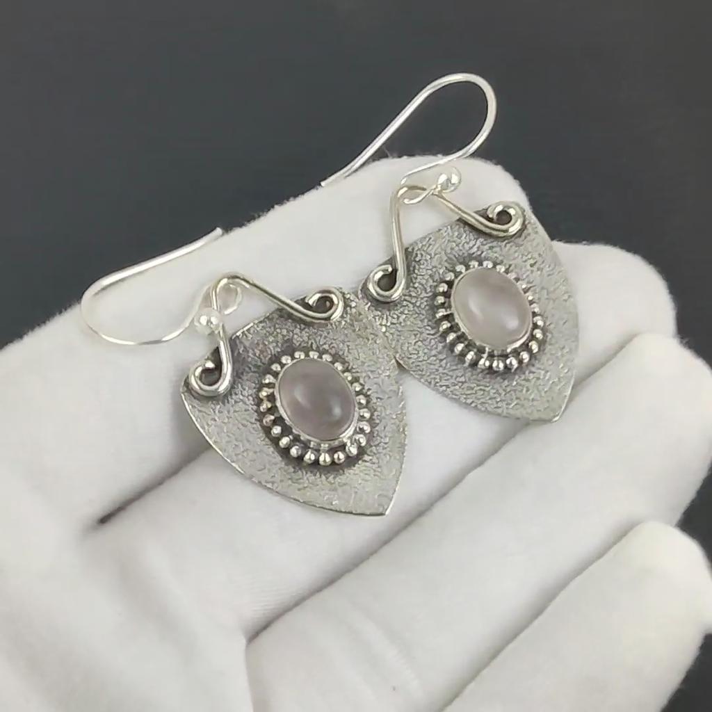 Natural Rose Quartz Gemstone Earrings, 925 Sterling Silver Earring, Handmade Boho Silver Jewelry Dangle Earrings, Easter Gift
