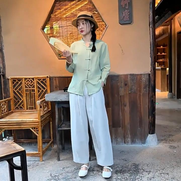 Johnature Women Vintage Straight Pants Button Fly Solid Color High Waist Trousers Spring Casual Loose Soft Pants