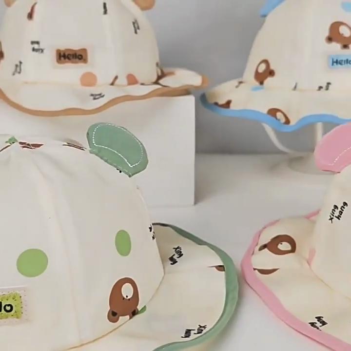 Kids Sun Hat With Large Brim Cotton Cartoon Bear Pattern For Baby Sun Protection
