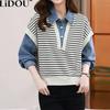 Spring Autumn Fake Two Pieces Knitting Demin Patchwork Shirt Ladies Long Sleeve Vintage All-match Vest Blouse Women's Clothing