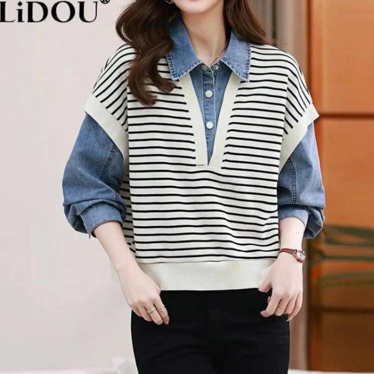 Spring Autumn Fake Two Pieces Knitting Demin Patchwork Shirt Ladies Long Sleeve Vintage All-match Vest Blouse Women's Clothing