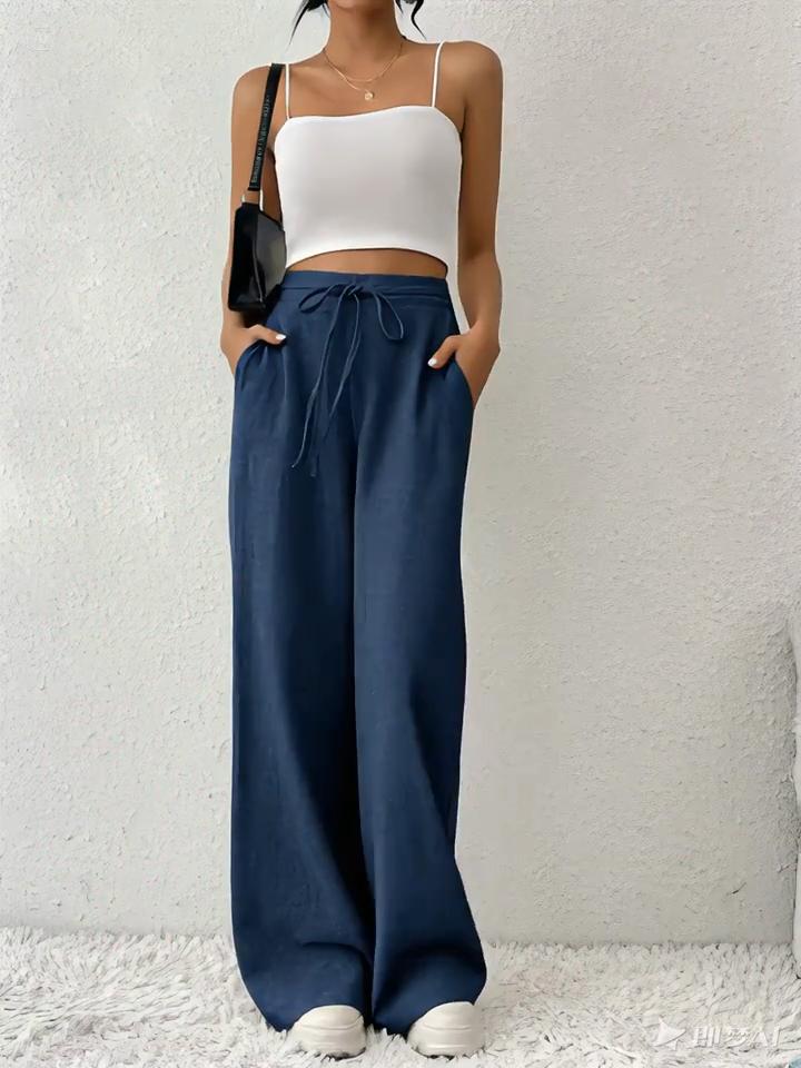 Women's Casual French Comfortable and Fashionable Straight Leg Wide Leg Pants with Pockets for Women