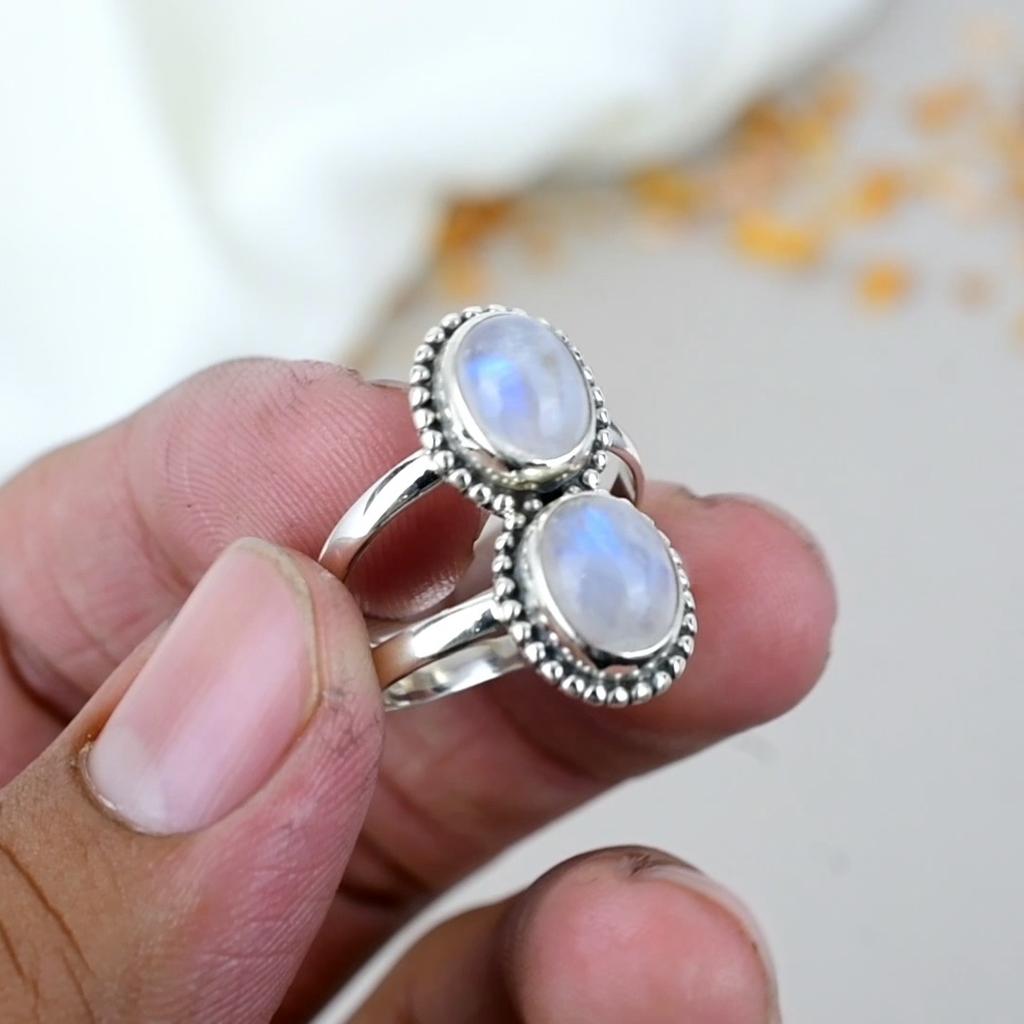 925 Sterling Silver Rainbow Moonstone Gemstone Oval Shape Ring For Women Black Moonstone Ring