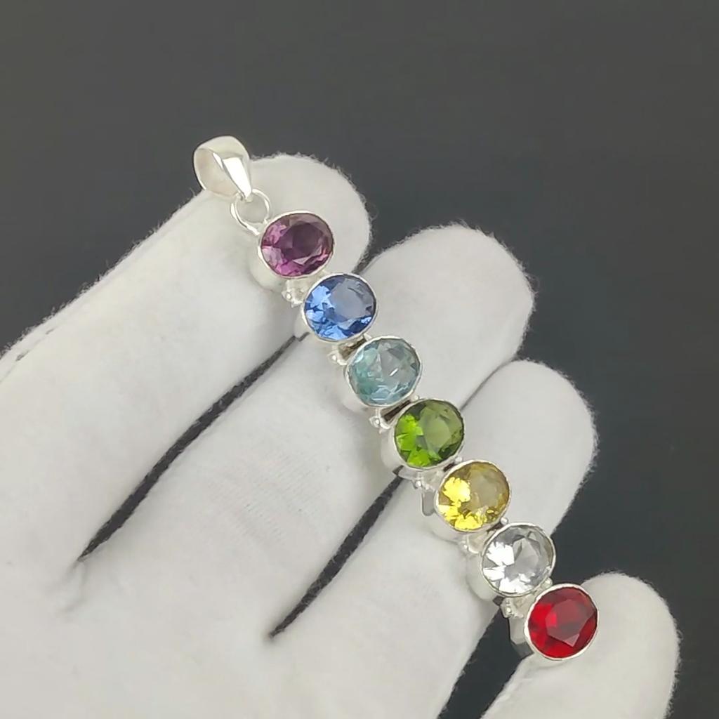 Beautiful 7 Chakra Pendant, 925 Sterling Silver Pendant, Handmade Pendant, Antique Pendant, 7 Chakra Gemstone Pendant, Party Wear Gift