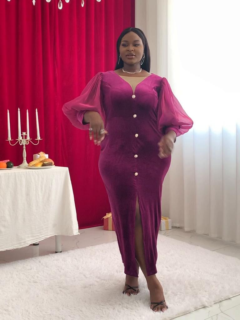 AOMEI Velvet Long Dress V Neck Bodycon 3/4 Sleeve Bodycoon Cocktail Event Party Outfits Plus Size Dresses for Ladies