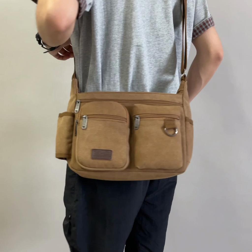 Canvas Bag Men's Multi-Pocket Crossbody Bag Outdoor Messenger Bag Large Capacity Shoulder Bag