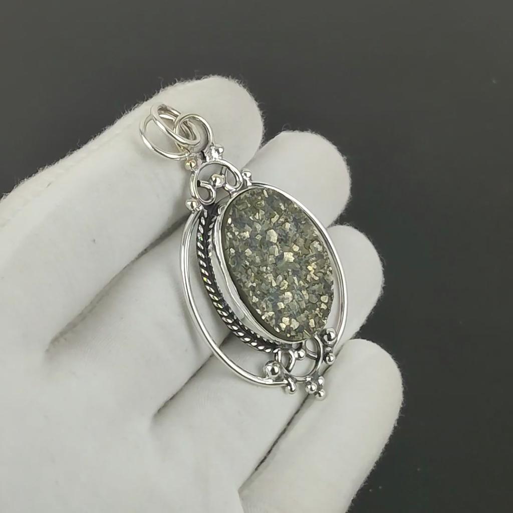 Pyrite Druzy Gemstone Handmade 925 Sterling Silver Pendant, Antique Natural Pyrite Druzy Pendant, Women's Jewelry, Unisex Pendant For Her