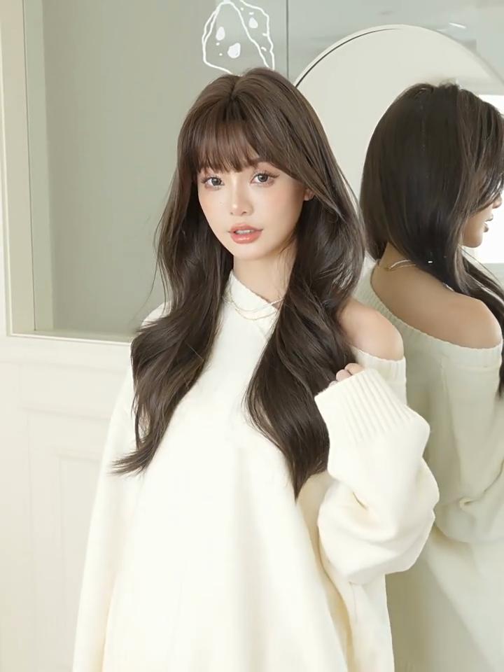 Women’s Fashion Long Curly Wig with Blunt Bangs Natural Looking Big Waves Synthetic Full Wig