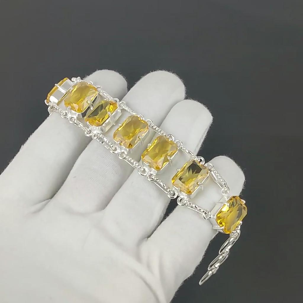 Faceted Citrine Bracelet 925 Sterling Silver Jewelry Adjustable Chain Bracelet Cushion Shape Gemstone Handmade Jewelry Gift For Her