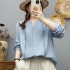 Women Cotton Yarn Soft Shirts Long Sleeve V Neck Blouses White Blue Patchwork Office Lady Tops Casual Female Clothes