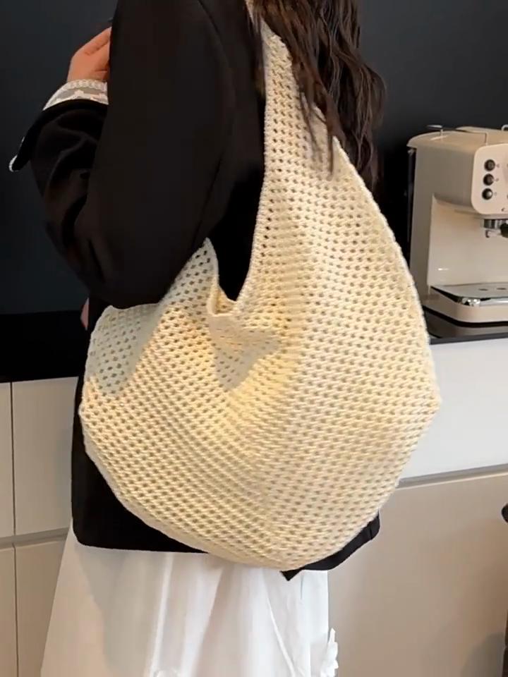 Yogodlns Women Hollow Summer Bag Solid Color Aesthetic Hobo Bag Large Capacity Knitted Tote Handbag Ladies Daily Handbag