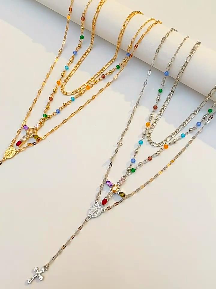 Cross Pendant Tassel Necklace Alloy Chain Layered Crystal Accent Gothic Collarbone Jewelry Unisex Gothic Style Religious Gift