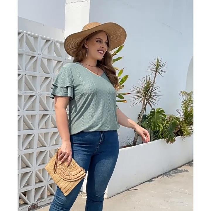 GMXIA Women's Fashion Casual Solid Color Print Short Sleeve V-Neck T-shirts and Tops