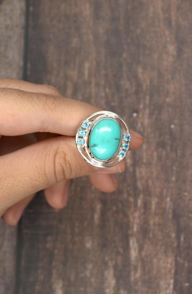 Turquoise & Swiss Blue Topaz Sterling Silver Statement Ring – Elegant Handmade Jewelry Gift, Beautiful blue ring for her, Women's Jewelry gift