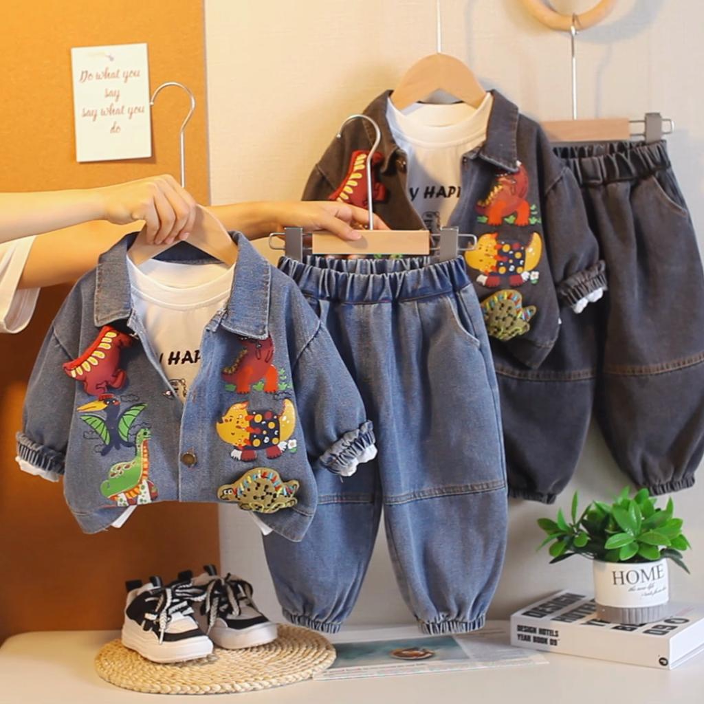 0-5-year-old boys' long sleeved 3-piece set, Children's cartoon printed denim jacket, Round neck white T-shirt, Casual denim pants