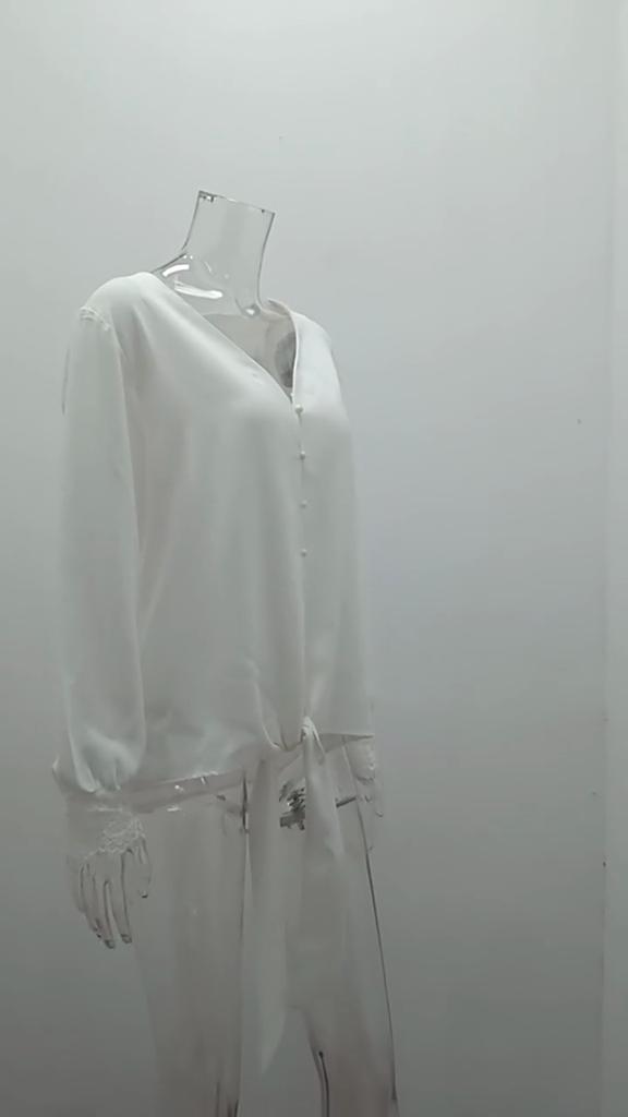 Spring and Autumn Women's Shirt Lace Splicing Long Sleeve V-Neck Solid Colour Hem Tie Loose Top
