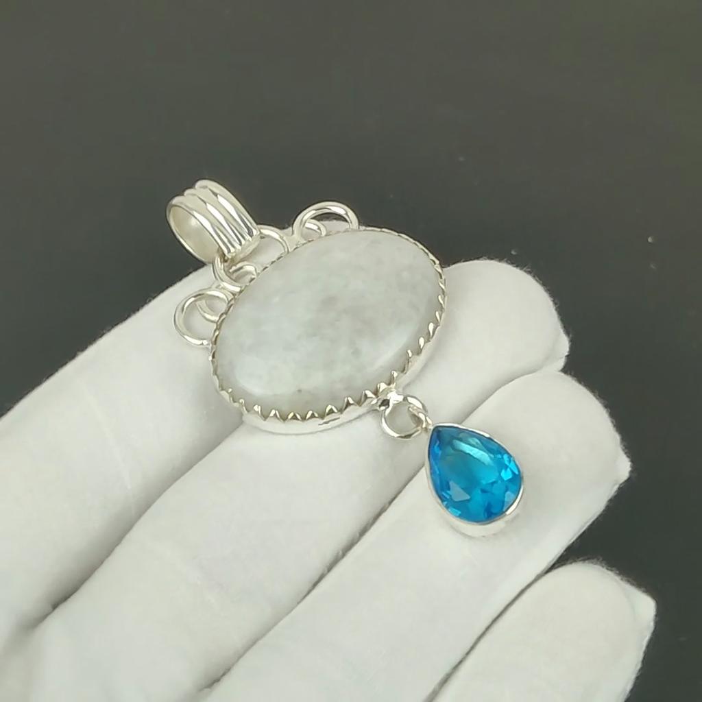 Regenbogenmondstein Anhänger, 925 Sterlingsilber Handgefertigter Schmuck, Blautopas Silberanhänger, Partyschmuck für Damen, Anhänger Weihnachtsschmuck