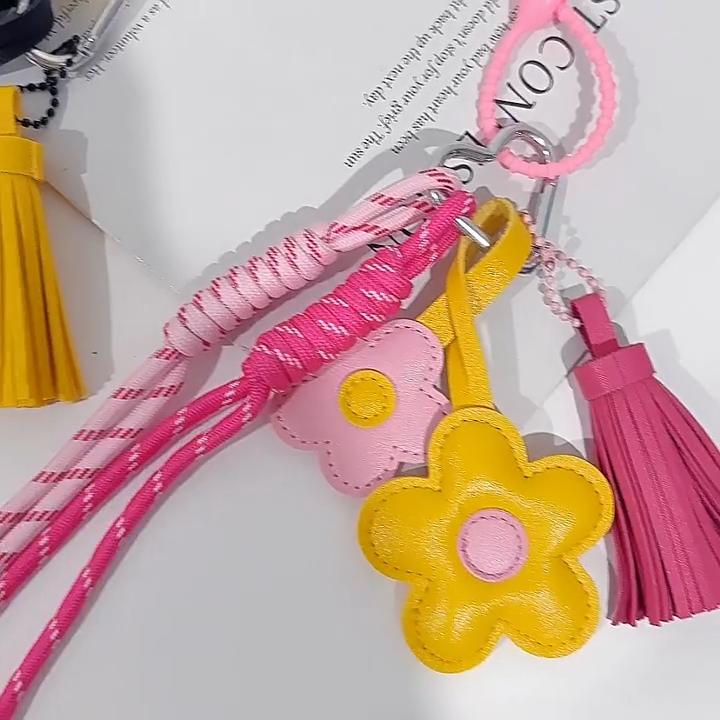 Yogodlns Exquisite Cute Faux Leather Flower Tassel Braided Rope Bag Charms Pendant For Handbag Purse Backpack Accessories