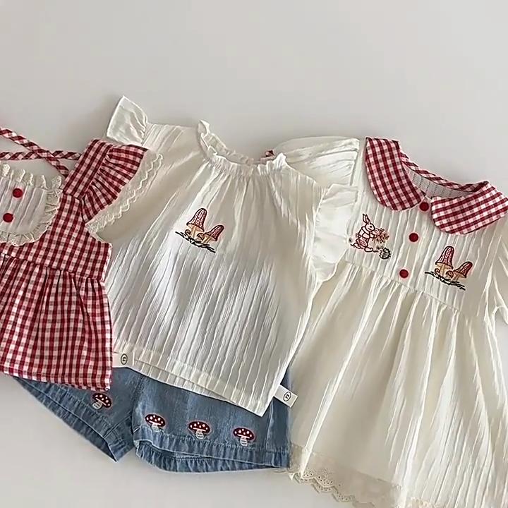 Baby Girls Summer Dress Plaid Bunny Embroidery Doll Collar Cute Toddler Dress