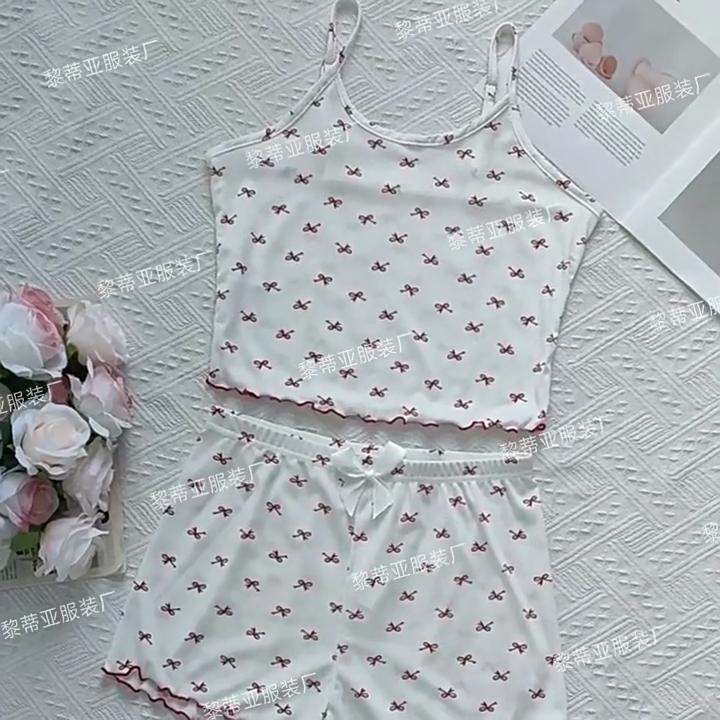 European and American Style Women's Fashion Floral Ribbed Cami Top and Shorts Pajamas Set Fresh Casual Midriff-Baring Loungewear
