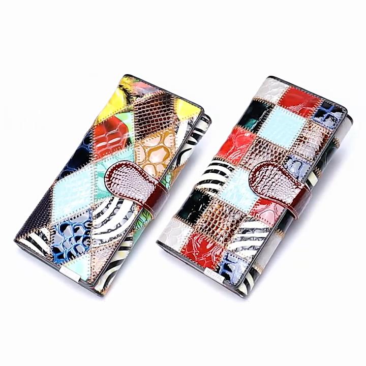 Ekte Skinn Bifold Lommebok, Vintage Fargeblokk Myntpung, Retro Lappverk Kredittkortholder