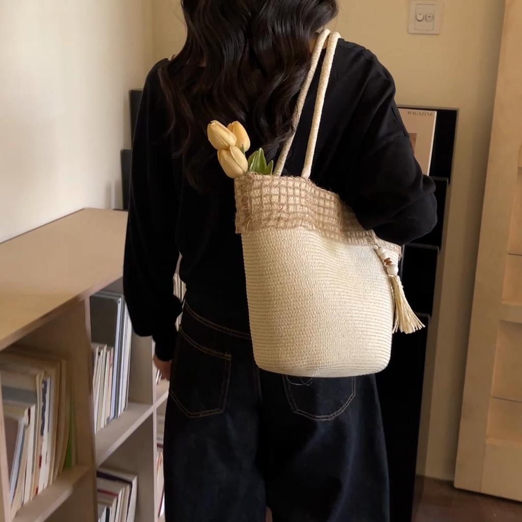 Woven Straw Tote Bag with Beaded Tassel and Open Top Design for Summer Beach or Casual Daily Use