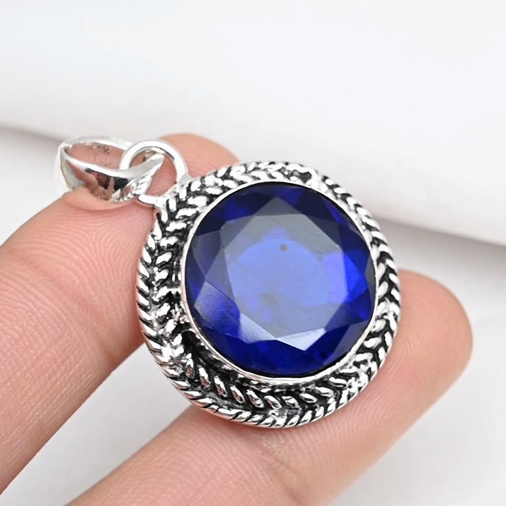 Blå safir anheng, håndlaget edelstens anheng, 925 solid sterling sølv anheng Antikke smykker, for forlovelsesgave