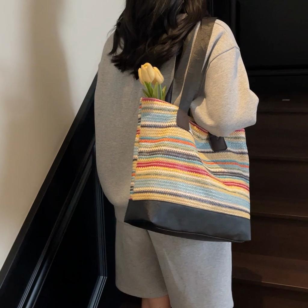 Straw Bag Color Contrast Large Capacity Tote Bag Women's Woven Holiday Shoulder Bag
